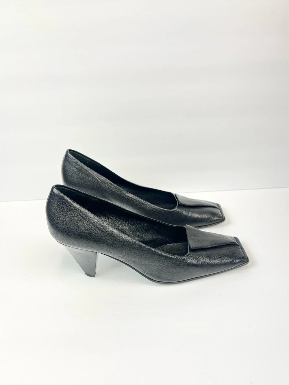 Jil Sander Black Leather Square-Toe Mid Block Heels US 7 Euro 37.5 Made In Italy - Picture 2 of 8